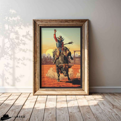 Framed artwork of a cowboy riding a bull in a rodeo arena on a wooden floor. Southwestern Bull Rider Print, Western Art for Horse Lovers, Rustic Cowboy Art