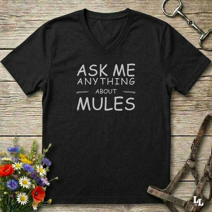 A black V-neck t-shirt with the text 'ASK ME ANYTHING ABOUT MULES' printed in white, laid flat on a rustic wooden background with equestrian-themed props.