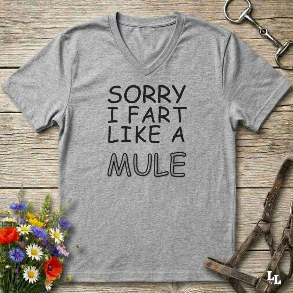 A heather gray V-neck t-shirt with the text 'SORRY I FART LIKE A MULE' printed in black on the front, displayed on a rustic wooden background with equestrian-themed props.