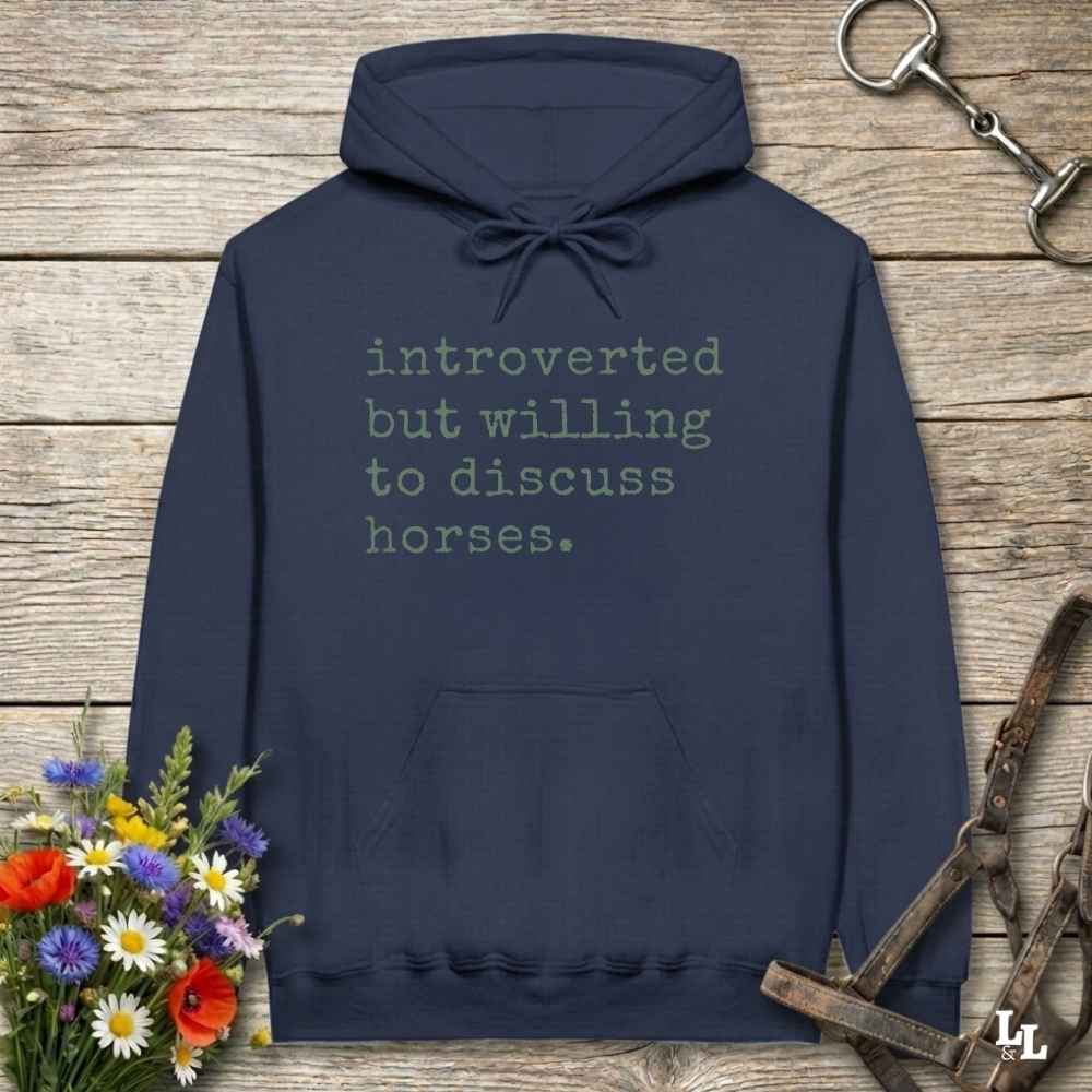 navy blue horse girl hoodie, Introverted but Willing to discuss, horse mom hoodie, horse lover, horse girl, Funny horse lover gifts, Funny horse hoodies, Horse girl gifts, Equestrian graphic hoodies, fathers day gift, Sarcastic horse hoodie