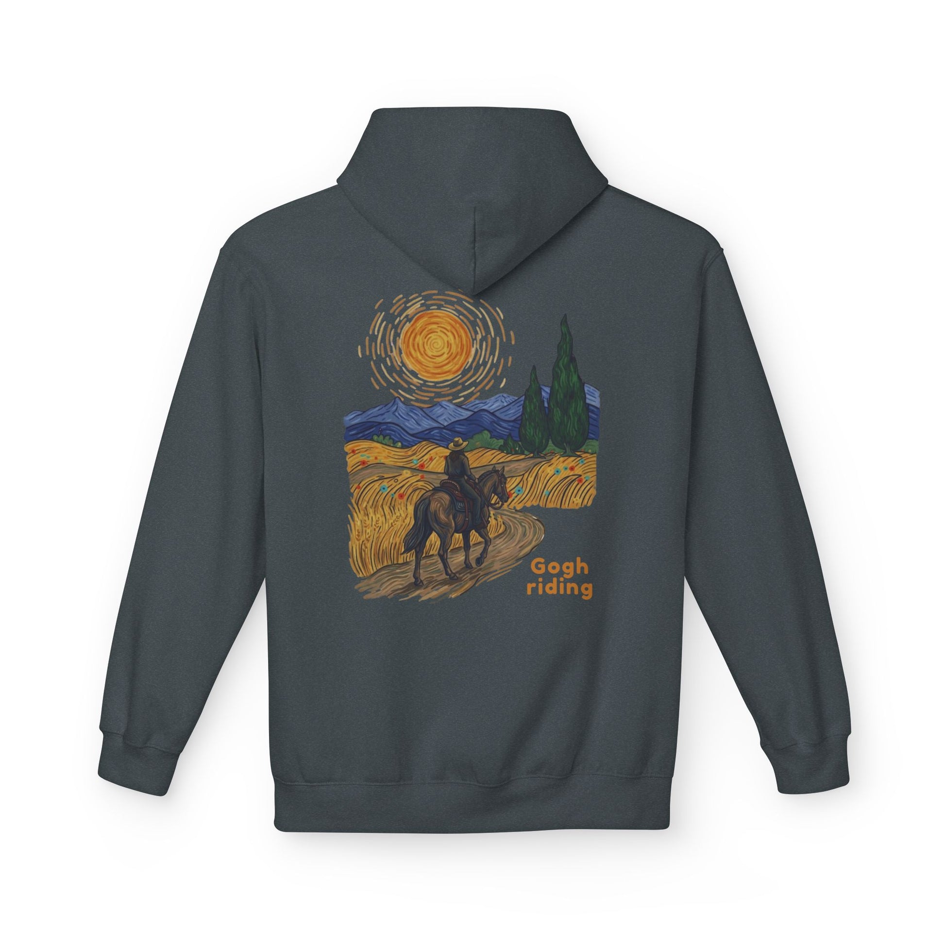 A dark gray hoodie shown from the back, featuring a colorful graphic print inspired by Van Gogh's Starry Night with a rider on a horse and the text 'Gogh riding'.