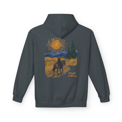A dark gray hoodie shown from the back, featuring a colorful graphic print inspired by Van Gogh's Starry Night with a rider on a horse and the text 'Gogh riding'.