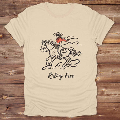 Fun western t-shirt for horse lovers and cowgirls. Western cowgirl graphic tee with horse design. Cowboy humor t-shirt for rodeo and country lovers. Horse lover funny t-shirt with western theme. Country style horse graphic tee for cowboys and cowgirls. Retro style funny western shirt for equestrians. Cute and funny country shirt with horse print. Southern cowgirl funny quote shirt for horse lovers. Riding Free.