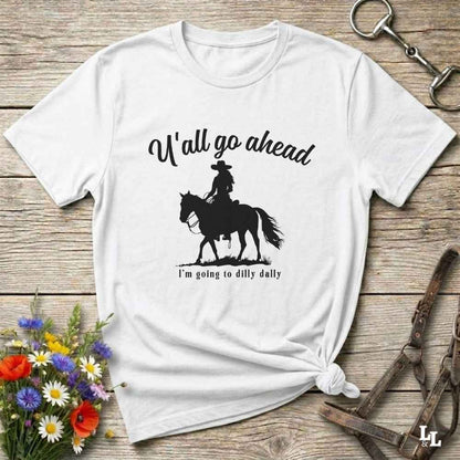 Fun western t-shirt for horse lovers and cowgirls. Western cowgirl graphic tee with horse design. Cowboy humor t-shirt for rodeo and country lovers. Horse lover funny t-shirt with western theme. Country style horse graphic tee for cowboys and cowgirls. Retro style funny western shirt for equestrians. Cute and funny country shirt with horse print. Southern cowgirl funny quote shirt for horse lovers. If Y'all go ahead.