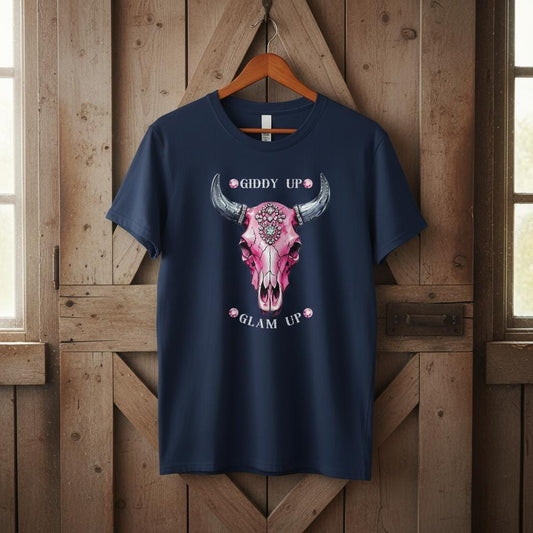 Giddy Up Glam Up Pink Skull T-Shirt, Horse Lover Tee, Western Style Cowgirl Shirt Navy Blue
