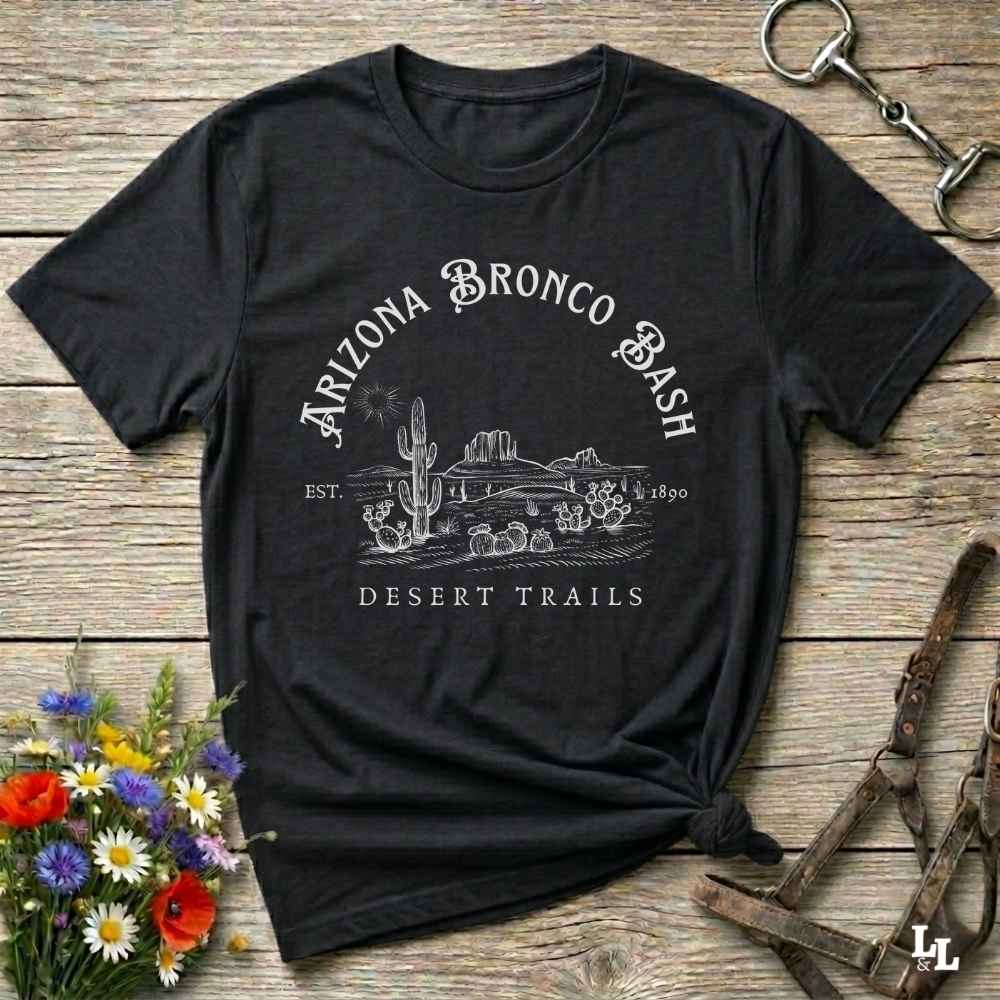 Fun western t-shirt featuring horse themed design for cowgirls, cowboys, horse lovers and equestrians, perfect for rodeo lovers, rustic style fans, and horse people. Unique graphic tee by Lasso and Loom. Arizona Bronco Bash Desert Trails.