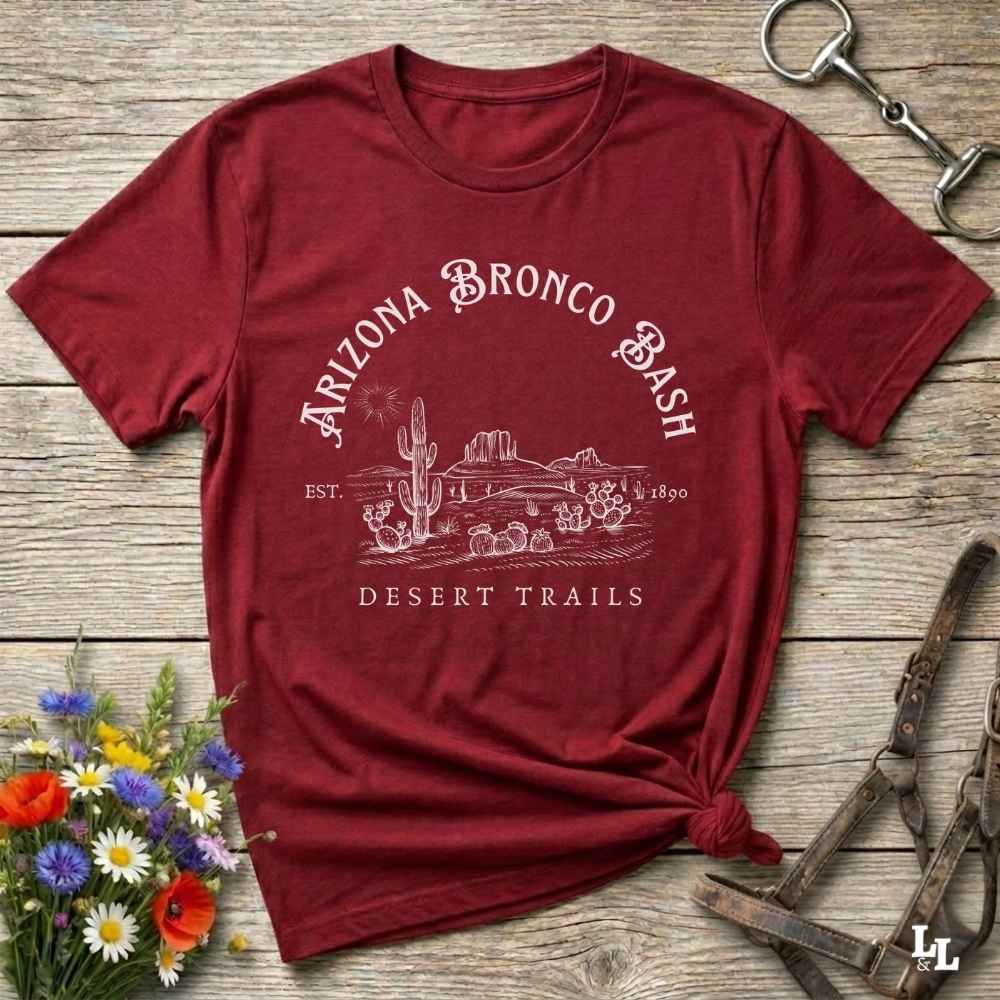 Fun western t-shirt featuring horse themed design for cowgirls, cowboys, horse lovers and equestrians, perfect for rodeo lovers, rustic style fans, and horse people. Unique graphic tee by Lasso and Loom. Arizona Bronco Bash Desert Trails.