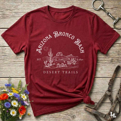 Fun western t-shirt featuring horse themed design for cowgirls, cowboys, horse lovers and equestrians, perfect for rodeo lovers, rustic style fans, and horse people. Unique graphic tee by Lasso and Loom. Arizona Bronco Bash Desert Trails.