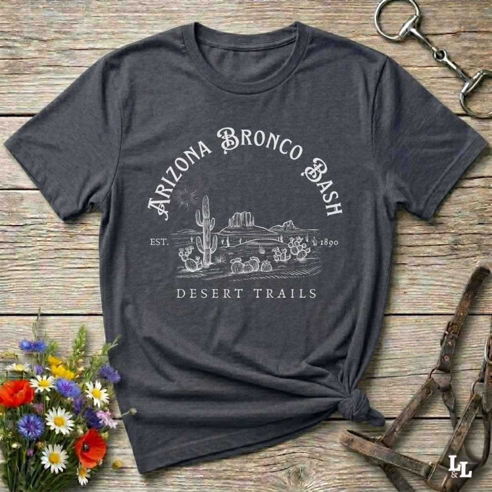 Fun western t-shirt featuring horse themed design for cowgirls, cowboys, horse lovers and equestrians, perfect for rodeo lovers, rustic style fans, and horse people. Unique graphic tee by Lasso and Loom. Arizona Bronco Bash Desert Trails.
