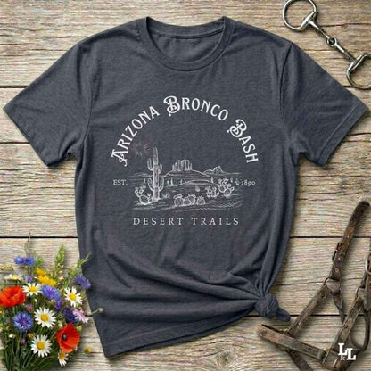 Fun western t-shirt featuring horse themed design for cowgirls, cowboys, horse lovers and equestrians, perfect for rodeo lovers, rustic style fans, and horse people. Unique graphic tee by Lasso and Loom. Arizona Bronco Bash Desert Trails.