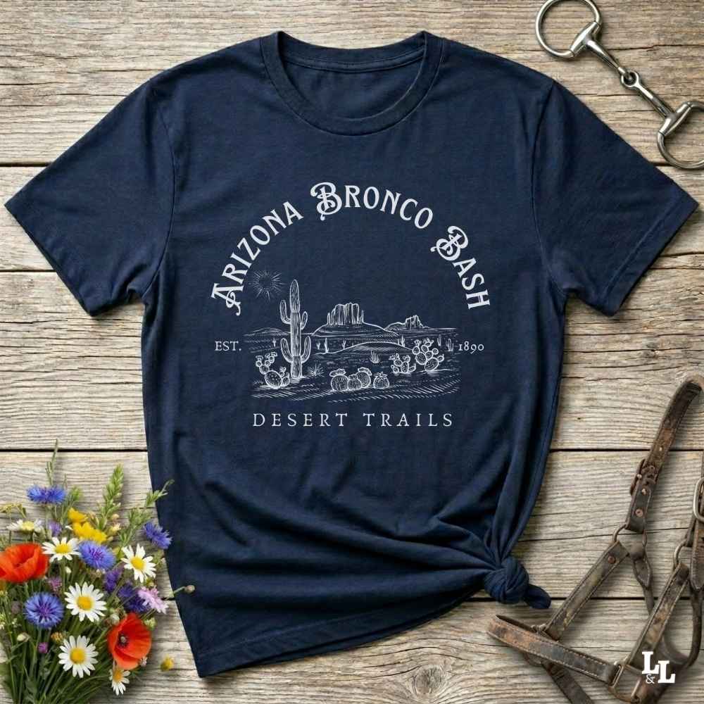 Fun western t-shirt featuring horse themed design for cowgirls, cowboys, horse lovers and equestrians, perfect for rodeo lovers, rustic style fans, and horse people. Unique graphic tee by Lasso and Loom. Arizona Bronco Bash Desert Trails.