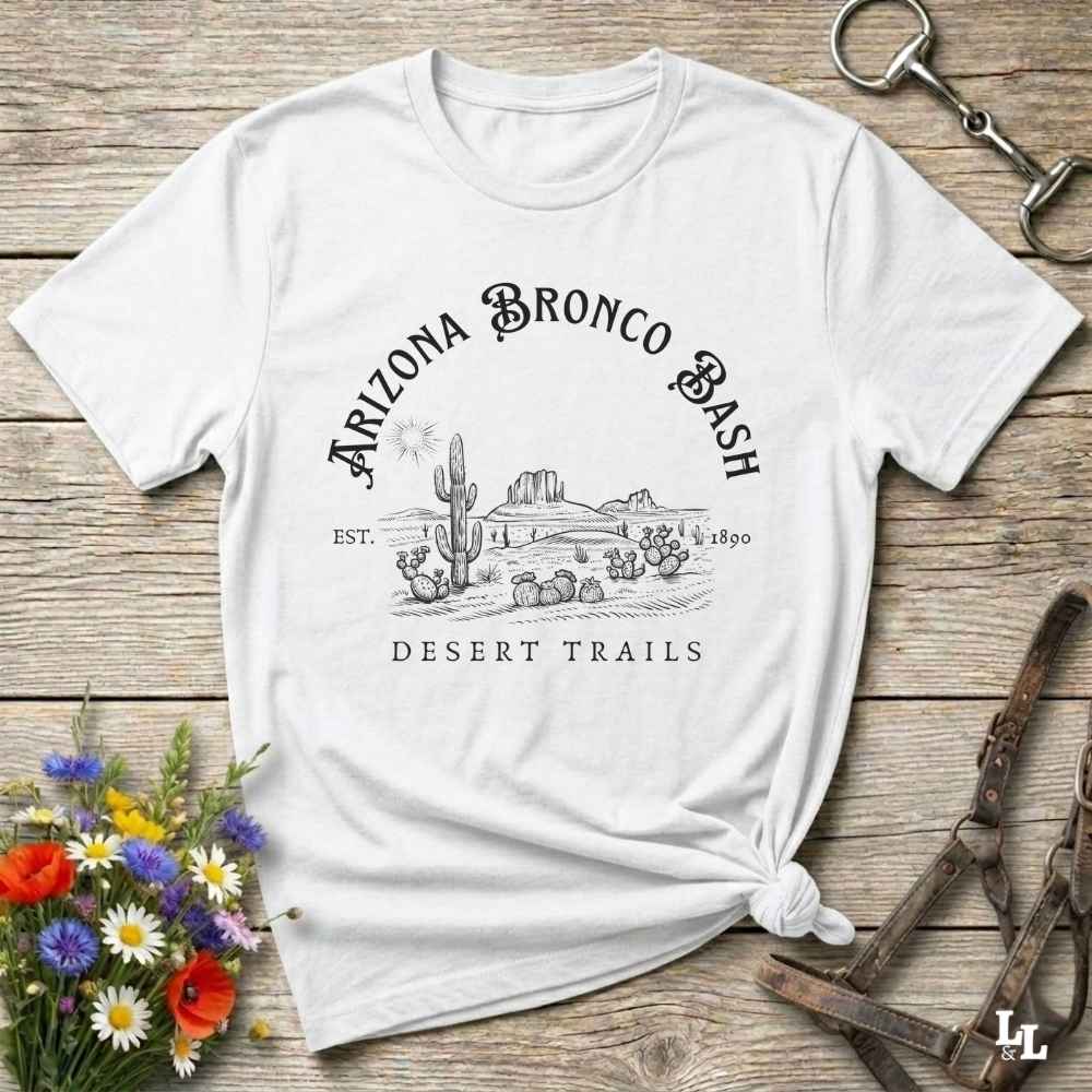 Fun western t-shirt featuring horse themed design for cowgirls, cowboys, horse lovers and equestrians, perfect for rodeo lovers, rustic style fans, and horse people. Unique graphic tee by Lasso and Loom. Arizona Bronco Bash Desert Trails.
