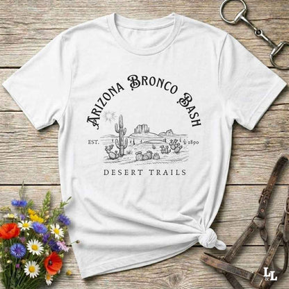 Fun western t-shirt featuring horse themed design for cowgirls, cowboys, horse lovers and equestrians, perfect for rodeo lovers, rustic style fans, and horse people. Unique graphic tee by Lasso and Loom. Arizona Bronco Bash Desert Trails.