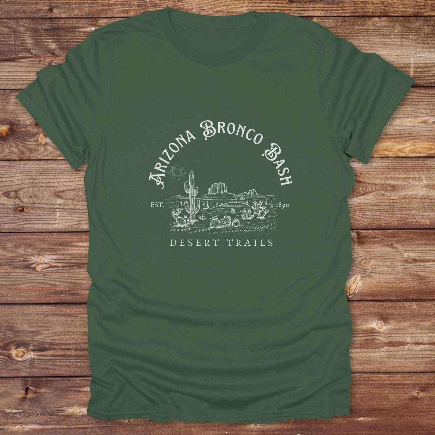 Fun western t-shirt featuring horse themed design for cowgirls, cowboys, horse lovers and equestrians, perfect for rodeo lovers, rustic style fans, and horse people. Unique graphic tee by Lasso and Loom. Arizona Bronco Bash Desert Trails.