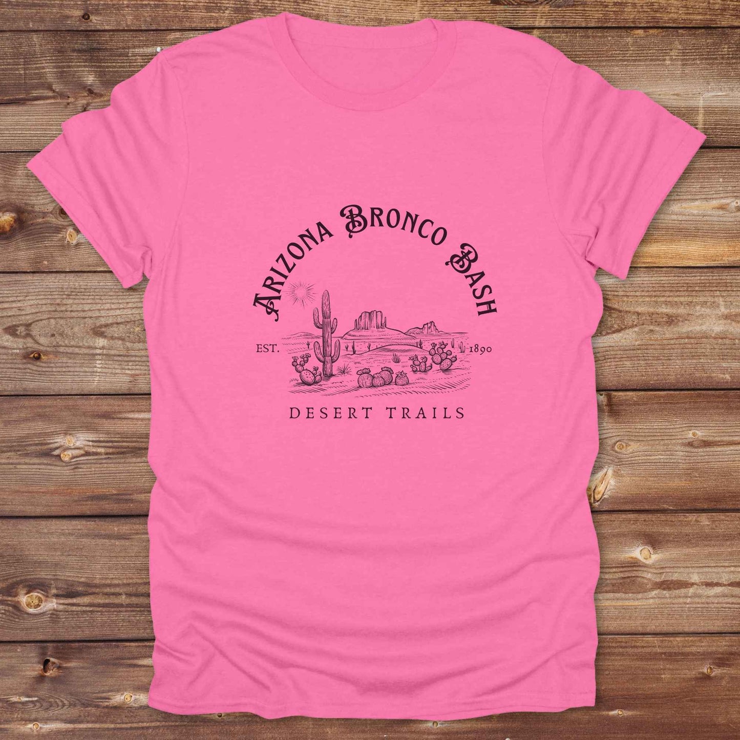 Fun western t-shirt featuring horse themed design for cowgirls, cowboys, horse lovers and equestrians, perfect for rodeo lovers, rustic style fans, and horse people. Unique graphic tee by Lasso and Loom. Arizona Bronco Bash Desert Trails.