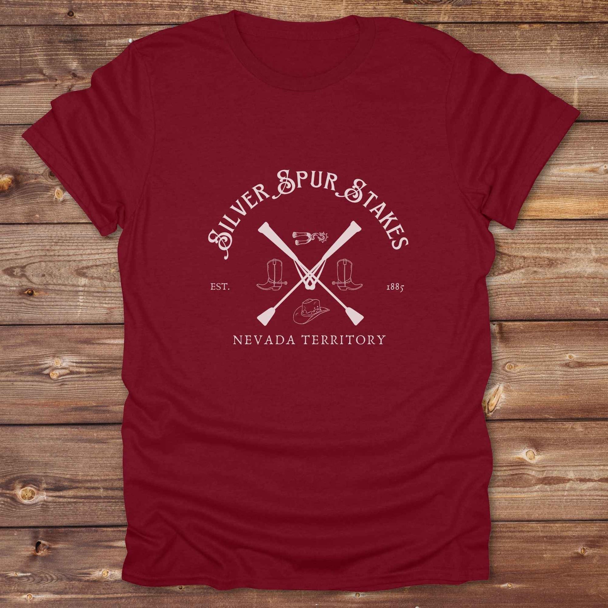 Fun western t-shirt featuring horse themed design for cowgirls, cowboys, horse lovers and equestrians, perfect for rodeo lovers, rustic style fans, and horse people. Unique graphic tee by Lasso and Loom. Silver spurs stakes nevada territory.
