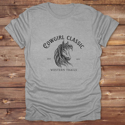 Fun western t-shirt featuring horse themed design for cowgirls, cowboys, horse lovers and equestrians, perfect for rodeo lovers, rustic style fans, and horse people. Unique graphic tee by Lasso and Loom. Cowgirl classic western trails.