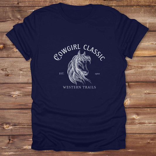 Fun western t-shirt featuring horse themed design for cowgirls, cowboys, horse lovers and equestrians, perfect for rodeo lovers, rustic style fans, and horse people. Unique graphic tee by Lasso and Loom. Cowgirl classic western trails.