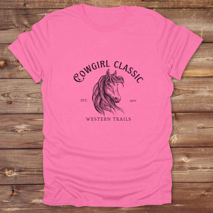 Fun western t-shirt featuring horse themed design for cowgirls, cowboys, horse lovers and equestrians, perfect for rodeo lovers, rustic style fans, and horse people. Unique graphic tee by Lasso and Loom. Cowgirl classic western trails.