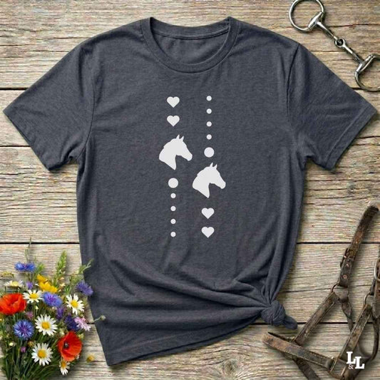 Fun western t-shirt featuring horse themed design for cowgirls, cowboys, horse lovers and equestrians, perfect for rodeo lovers, rustic style fans, and horse people. Unique graphic tee by Lasso and Loom. I Love horses with hearts.
