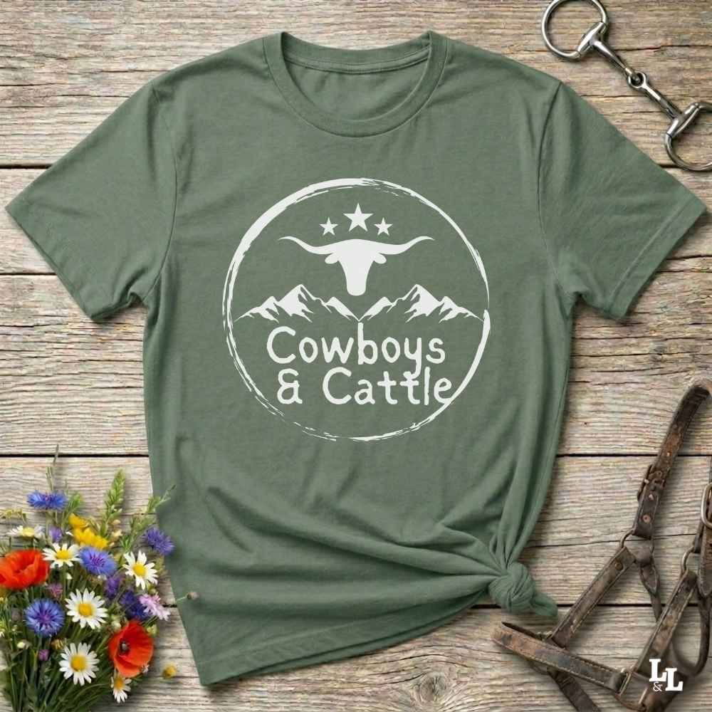 Fun western t-shirt featuring horse themed design for cowgirls, cowboys, horse lovers and equestrians, perfect for rodeo lovers, rustic style fans, and horse people. Unique graphic tee by Lasso and Loom.  Cowboys and cattle with mountain range and longhorn skull.
