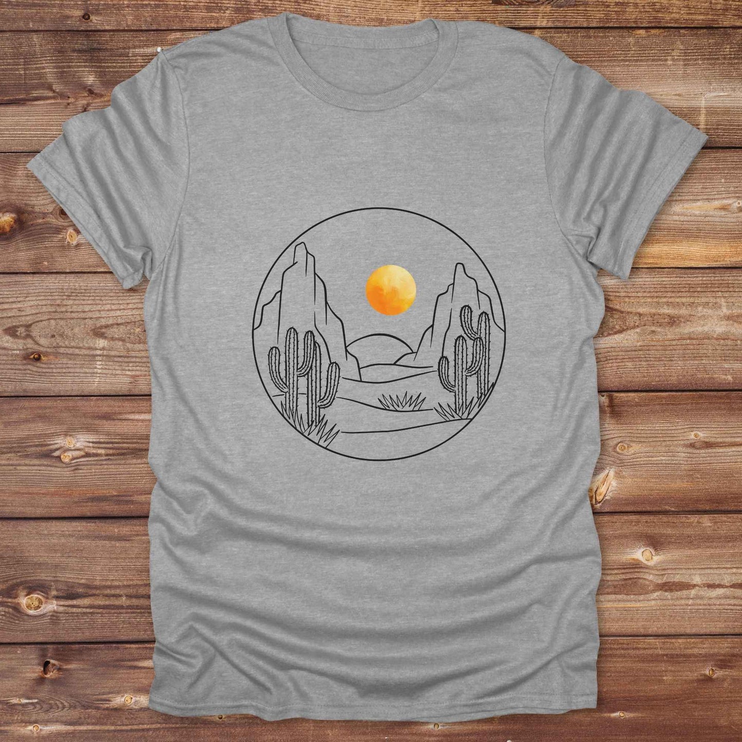 Fun western t-shirt featuring horse themed design for cowgirls, cowboys, horse lovers and equestrians, perfect for rodeo lovers, rustic style fans, and horse people. Unique graphic tee by Lasso and Loom.  Desert landscape with orange setting sun.