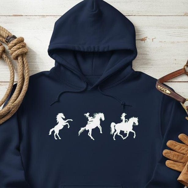Evolution of a Cowgirl Hoodie for Horse Lover, Western Style Hoodie, Cowgirl Sweatshirt flat lay navy blue