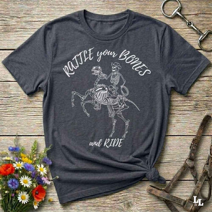 Fun western t-shirt featuring horse themed design for cowgirls, cowboys, horse lovers and equestrians, perfect for rodeo lovers, rustic style fans, and horse people. Unique graphic tee by Lasso and Loom.  Rattle your bones and ride.