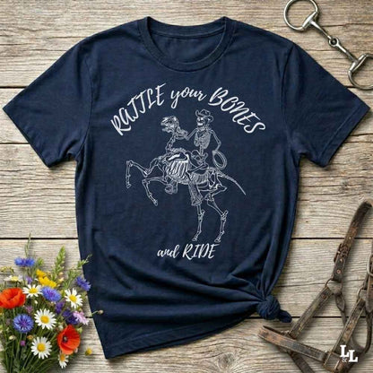 Fun western t-shirt featuring horse themed design for cowgirls, cowboys, horse lovers and equestrians, perfect for rodeo lovers, rustic style fans, and horse people. Unique graphic tee by Lasso and Loom.  Rattle your bones and ride.