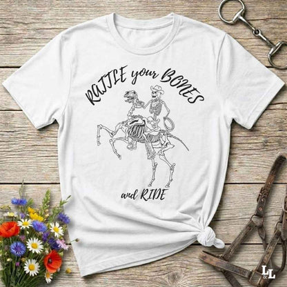 Fun western t-shirt featuring horse themed design for cowgirls, cowboys, horse lovers and equestrians, perfect for rodeo lovers, rustic style fans, and horse people. Unique graphic tee by Lasso and Loom.  Rattle your bones and ride.