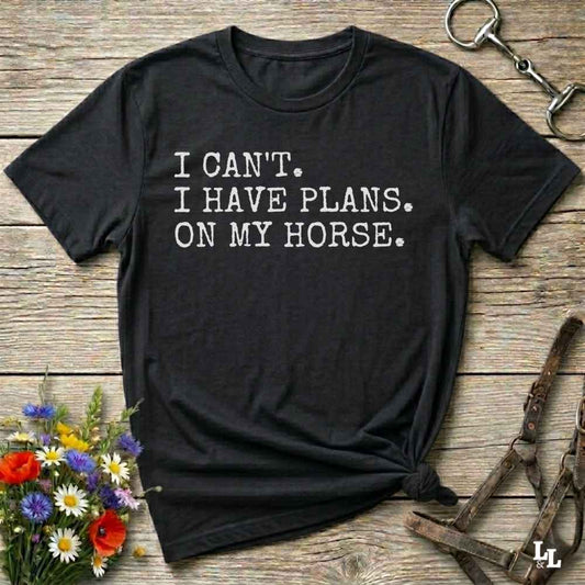 Fun western t-shirt featuring horse themed design for cowgirls, cowboys, horse lovers and equestrians, perfect for rodeo lovers, rustic style fans, and horse people. Unique graphic tee by Lasso and Loom.  I Can't I have plans.