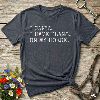 Fun western t-shirt featuring horse themed design for cowgirls, cowboys, horse lovers and equestrians, perfect for rodeo lovers, rustic style fans, and horse people. Unique graphic tee by Lasso and Loom.  I Can't I have plans.