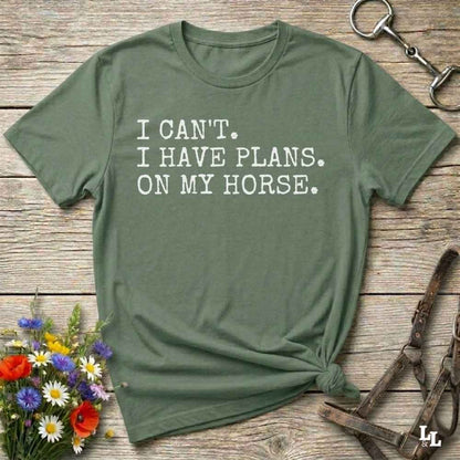 Fun western t-shirt featuring horse themed design for cowgirls, cowboys, horse lovers and equestrians, perfect for rodeo lovers, rustic style fans, and horse people. Unique graphic tee by Lasso and Loom.  I Can't I have plans.