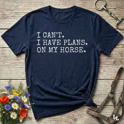 Fun western t-shirt featuring horse themed design for cowgirls, cowboys, horse lovers and equestrians, perfect for rodeo lovers, rustic style fans, and horse people. Unique graphic tee by Lasso and Loom.  I Can't I have plans.