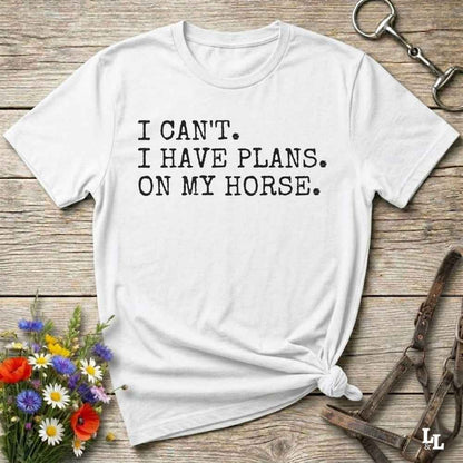 Fun western t-shirt featuring horse themed design for cowgirls, cowboys, horse lovers and equestrians, perfect for rodeo lovers, rustic style fans, and horse people. Unique graphic tee by Lasso and Loom.  I Can't I have plans.