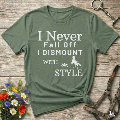 green Fun western t-shirt featuring horse themed design for cowgirls, cowboys, horse lovers and equestrians, perfect for rodeo lovers, rustic style fans, and horse people. Unique graphic tee by Lasso and Loom.  I never fall off I dismount in style.