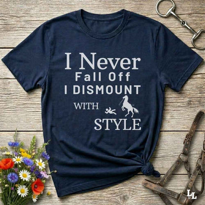 navy blue Fun western t-shirt featuring horse themed design for cowgirls, cowboys, horse lovers and equestrians, perfect for rodeo lovers, rustic style fans, and horse people. Unique graphic tee by Lasso and Loom.  I never fall off I dismount in style.
