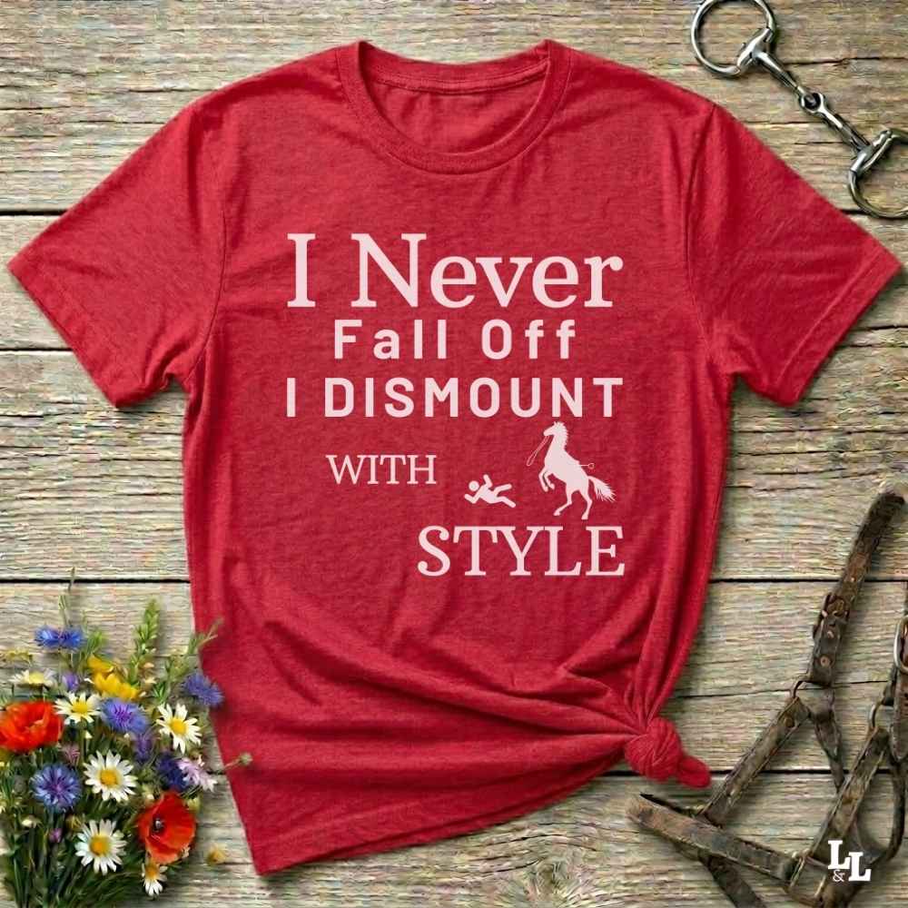 red Fun western t-shirt featuring horse themed design for cowgirls, cowboys, horse lovers and equestrians, perfect for rodeo lovers, rustic style fans, and horse people. Unique graphic tee by Lasso and Loom.  I never fall off I dismount in style.