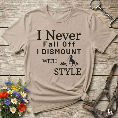 beige Fun western t-shirt featuring horse themed design for cowgirls, cowboys, horse lovers and equestrians, perfect for rodeo lovers, rustic style fans, and horse people. Unique graphic tee by Lasso and Loom.  I never fall off I dismount in style.
