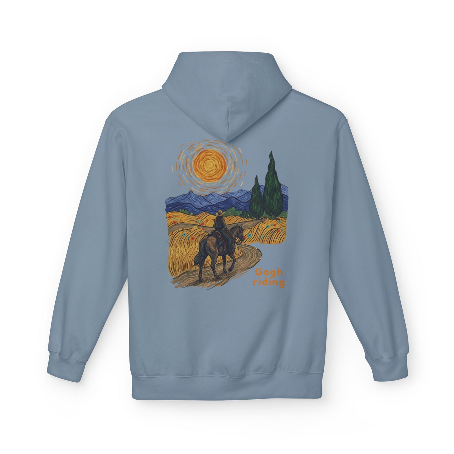 A light blue hooded sweatshirt shown from the back, featuring a stylized graphic print of a rider on a horse in a sunlit field under a swirling yellow sky, with the words 'Gogh riding' printed below the artwork.