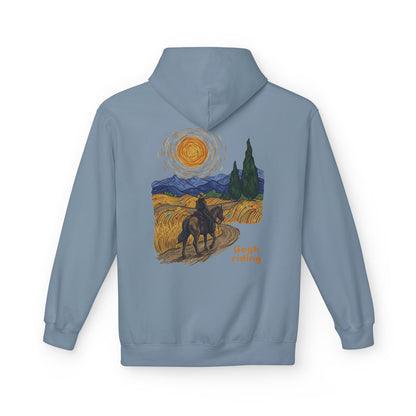 A light blue hooded sweatshirt shown from the back, featuring a stylized graphic print of a rider on a horse in a sunlit field under a swirling yellow sky, with the words 'Gogh riding' printed below the artwork.