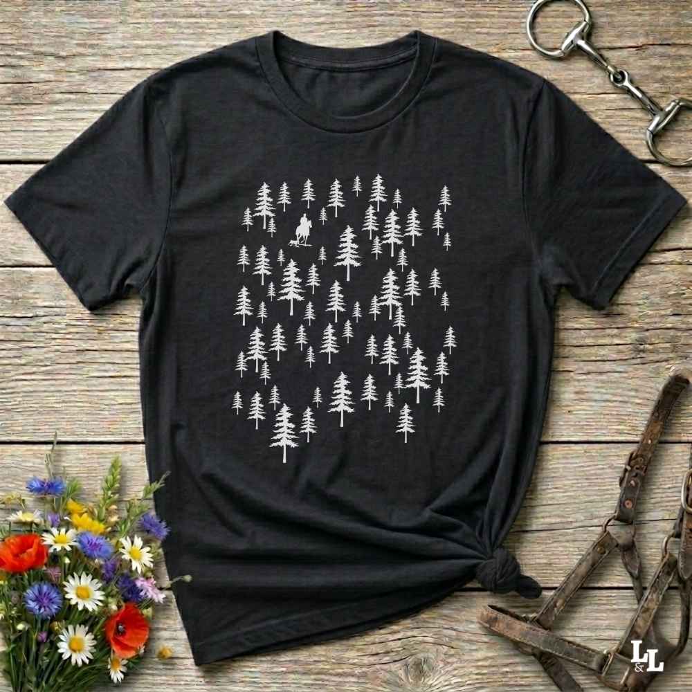 Fun western t-shirt featuring horse themed design for cowgirls, cowboys, horse lovers and equestrians, perfect for rodeo lovers, rustic style fans, and horse people. Unique graphic tee by Lasso and Loom.  Forest with hors