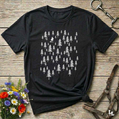 Fun western t-shirt featuring horse themed design for cowgirls, cowboys, horse lovers and equestrians, perfect for rodeo lovers, rustic style fans, and horse people. Unique graphic tee by Lasso and Loom.  Forest with hors