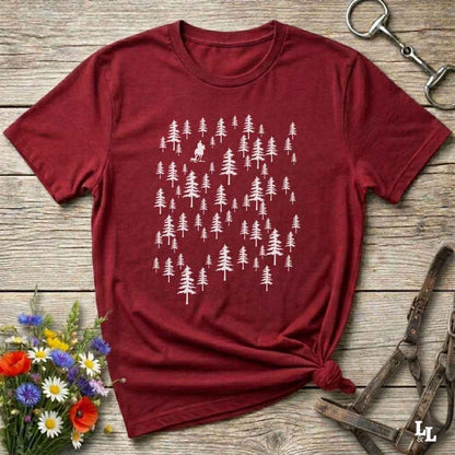 Fun western t-shirt featuring horse themed design for cowgirls, cowboys, horse lovers and equestrians, perfect for rodeo lovers, rustic style fans, and horse people. Unique graphic tee by Lasso and Loom.  Forest with hors