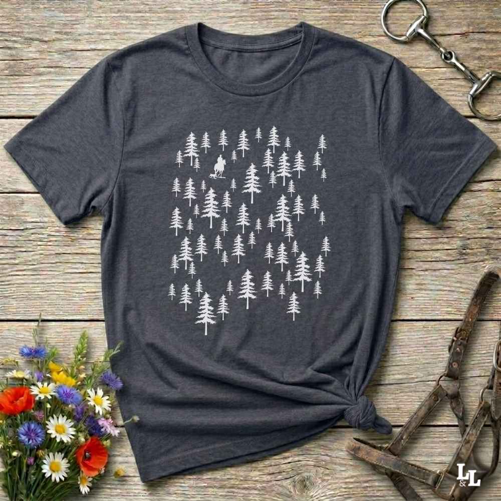 Fun western t-shirt featuring horse themed design for cowgirls, cowboys, horse lovers and equestrians, perfect for rodeo lovers, rustic style fans, and horse people. Unique graphic tee by Lasso and Loom.  Forest with hors