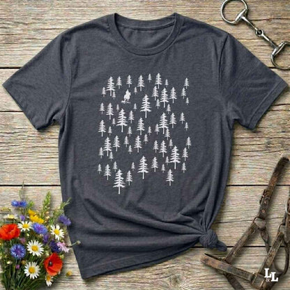 Fun western t-shirt featuring horse themed design for cowgirls, cowboys, horse lovers and equestrians, perfect for rodeo lovers, rustic style fans, and horse people. Unique graphic tee by Lasso and Loom.  Forest with hors