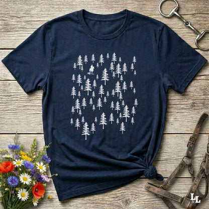 Fun western t-shirt featuring horse themed design for cowgirls, cowboys, horse lovers and equestrians, perfect for rodeo lovers, rustic style fans, and horse people. Unique graphic tee by Lasso and Loom.  Forest with hors
