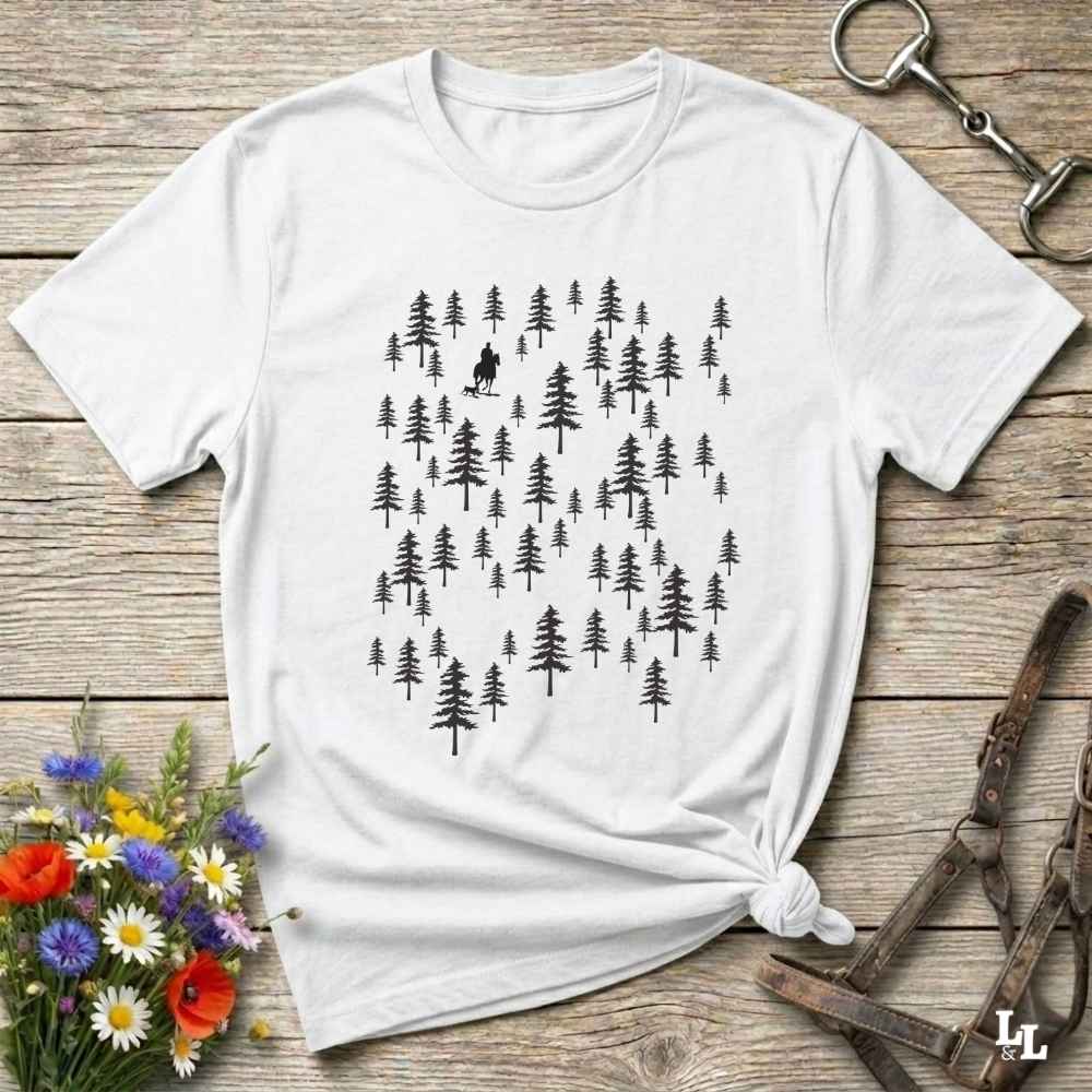 Fun western t-shirt featuring horse themed design for cowgirls, cowboys, horse lovers and equestrians, perfect for rodeo lovers, rustic style fans, and horse people. Unique graphic tee by Lasso and Loom.  Forest with hors