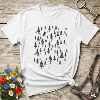 Fun western t-shirt featuring horse themed design for cowgirls, cowboys, horse lovers and equestrians, perfect for rodeo lovers, rustic style fans, and horse people. Unique graphic tee by Lasso and Loom.  Forest with hors