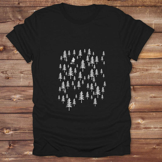 Fun western t-shirt featuring horse themed design for cowgirls, cowboys, horse lovers and equestrians, perfect for rodeo lovers, rustic style fans, and horse people. Unique graphic tee by Lasso and Loom.  Forest with horse rider, riding through the trees.